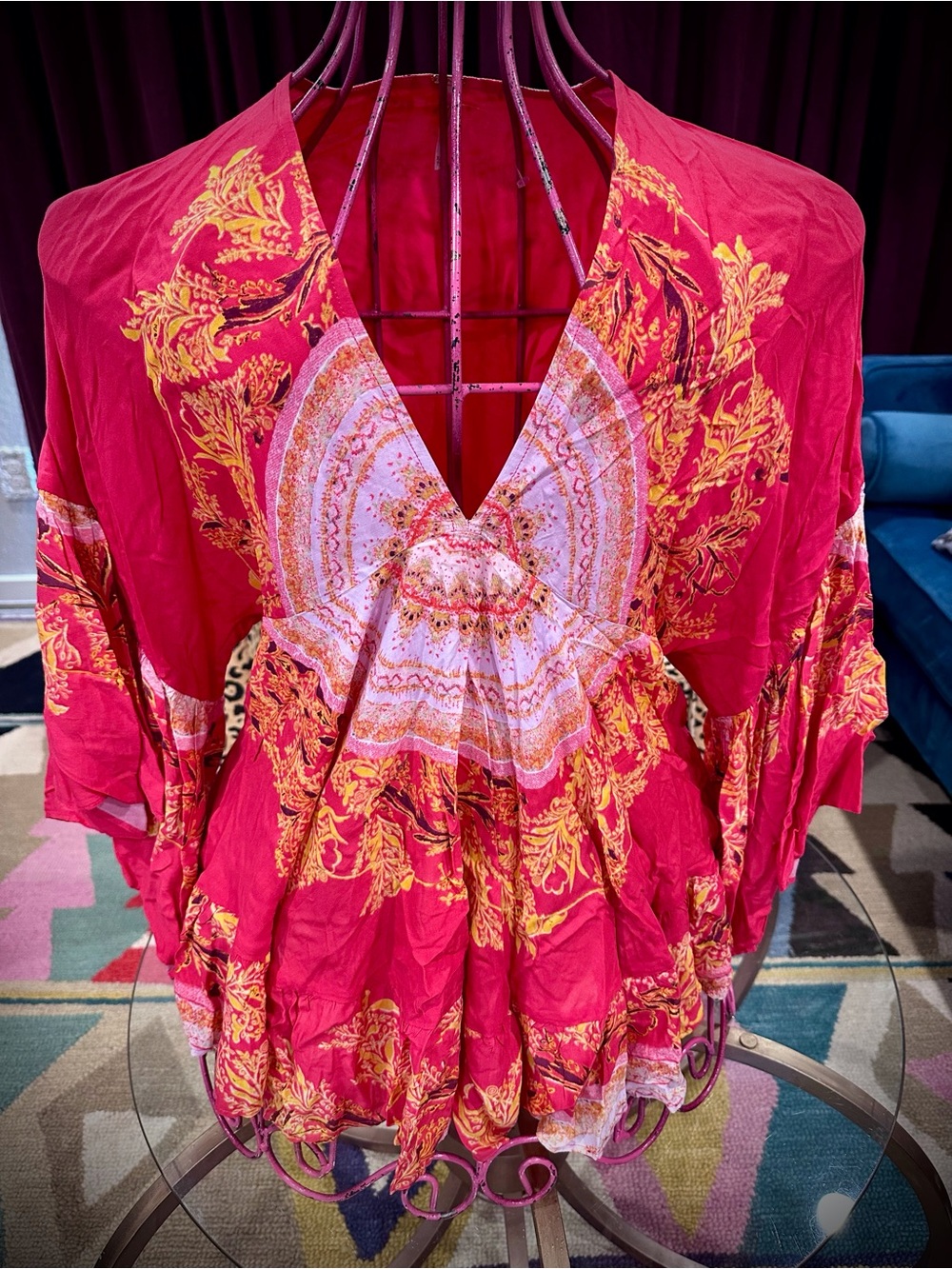 Free People Hot Pink & Yellow Floral V-Neck Tunic